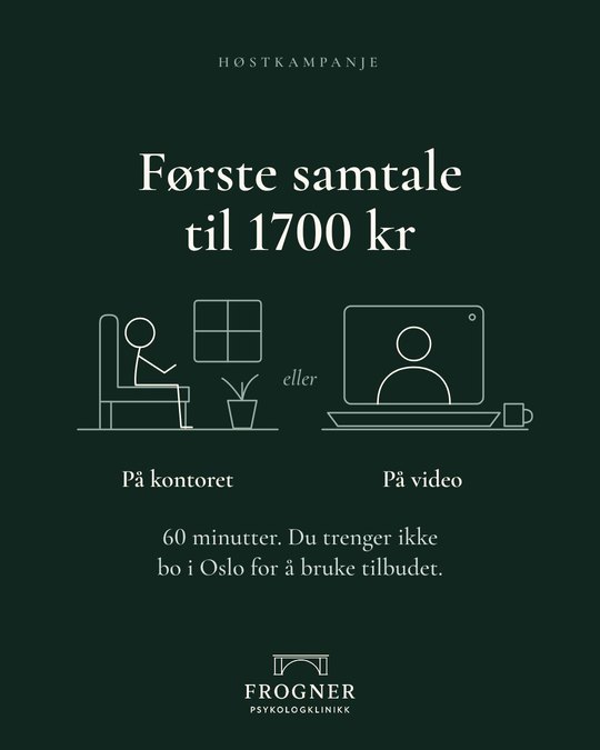 Instagram-innlegg: førstegangssamtale på 60 minutter for 1700 kr ut november, på kontoret i Oslo eller på video